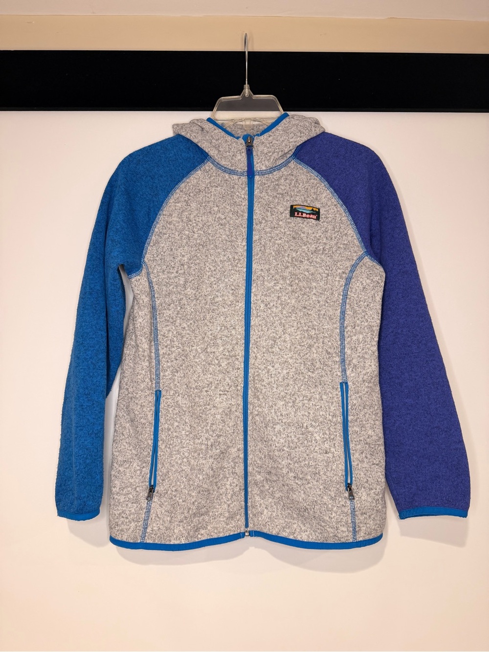 L. Bean Kids Sweater Fleece Hooded Jacket Colorblock Grey Blue Purple Size 14-16